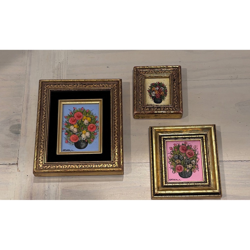 Seder C Signed Miniature Floral Oil Paintings Set of 3 Gold Ornate Frames Art - Picture 12 of 12